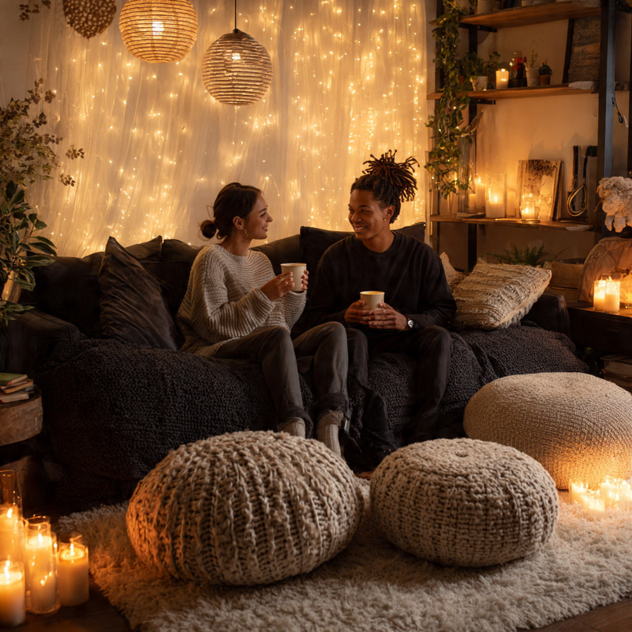 black couch surrounded by oversized soft blankets