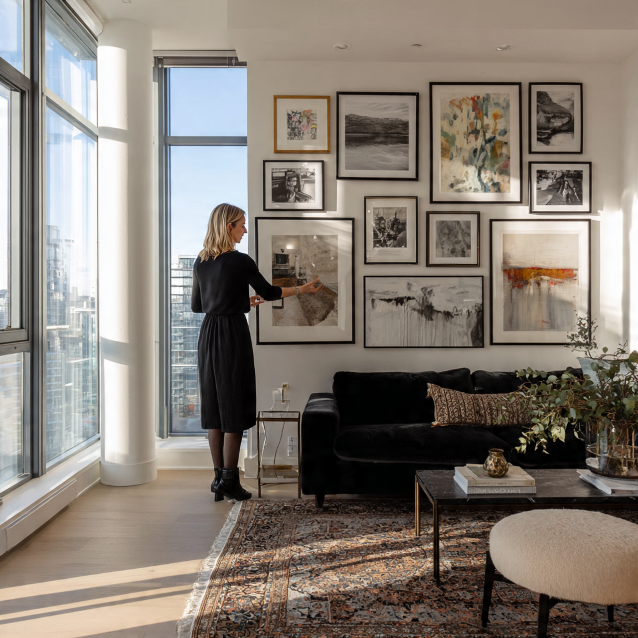 black couch under a curated gallery wall