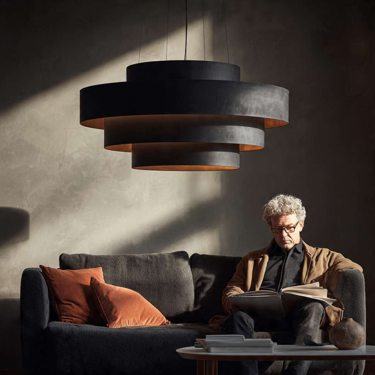 black couch under a large statement pendant