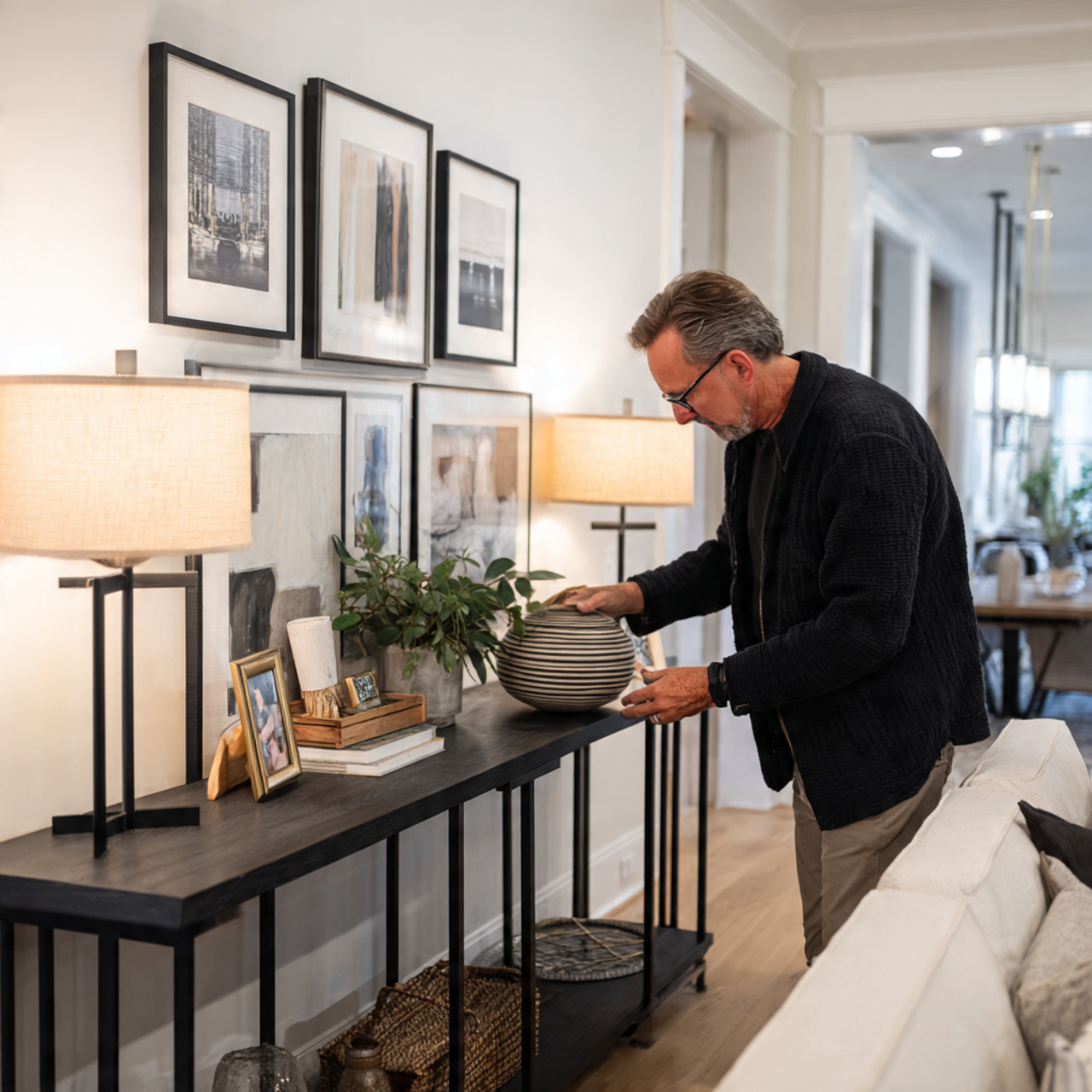 black couch with a slim console table