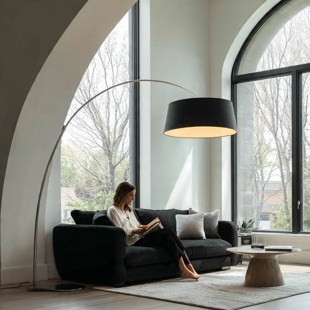 black couch with an arc floor lamp