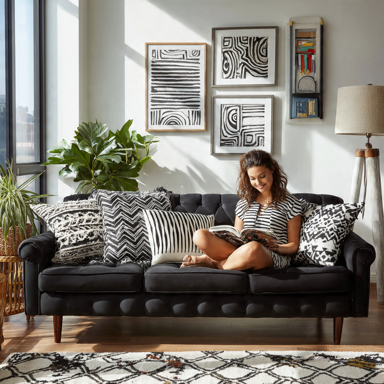 black couch with black and white striped and chevron
