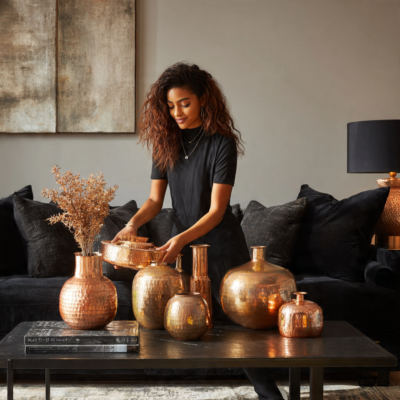 black couch with brass and copper accent
