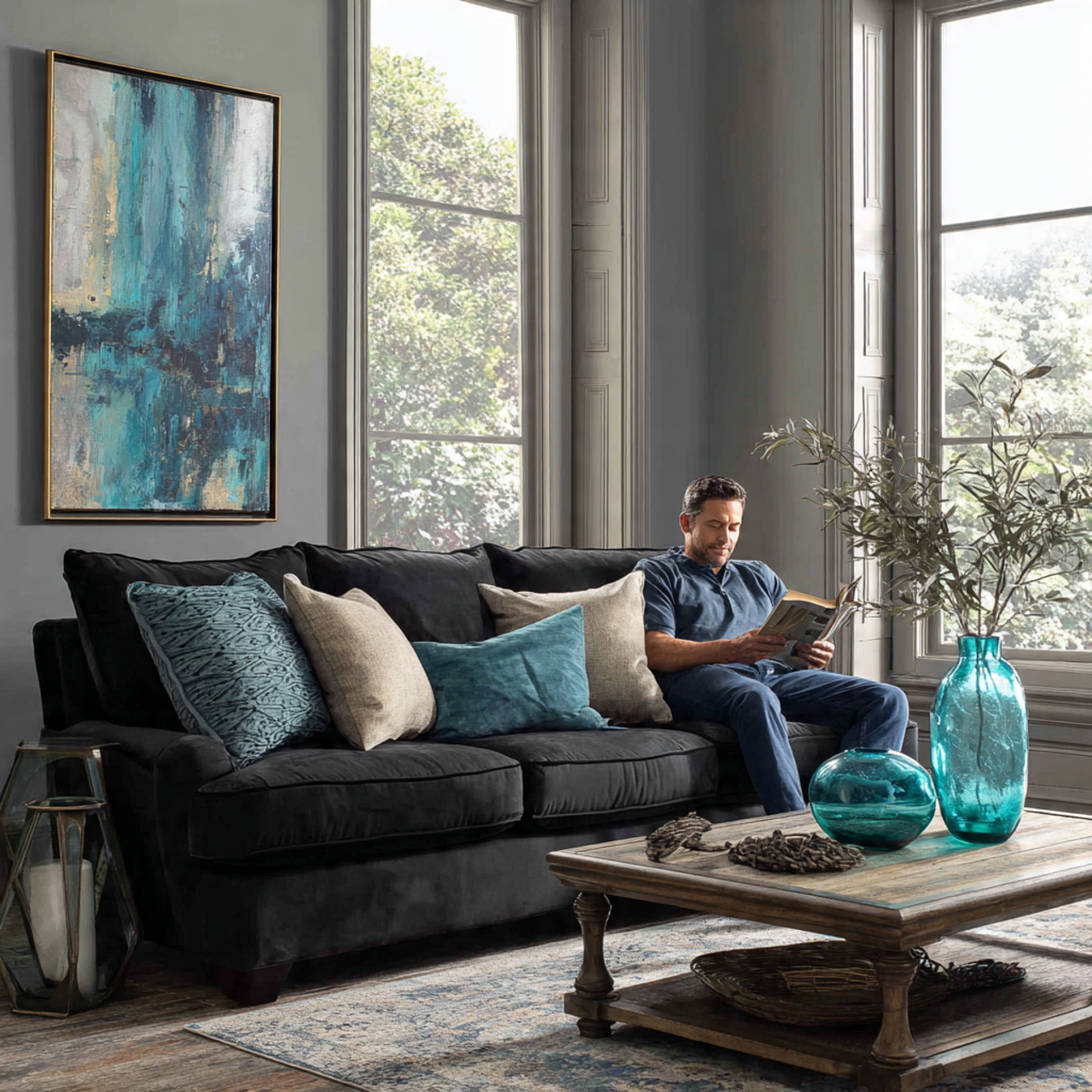 black couch with cool teal sage and 1