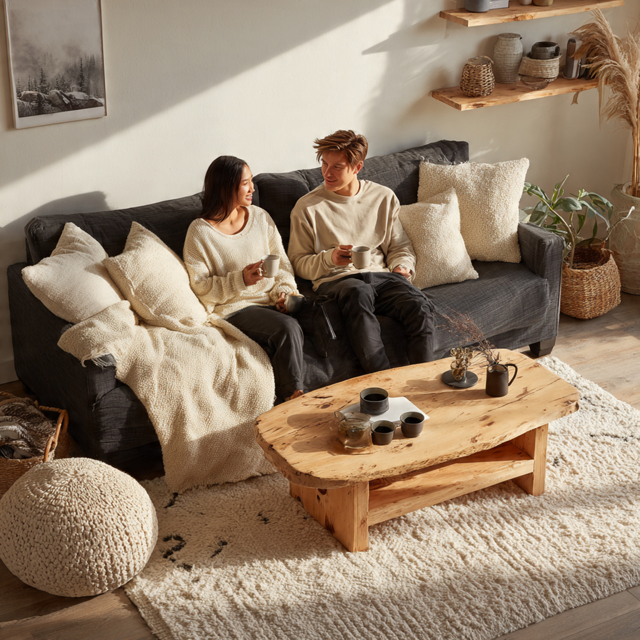 black couch with natural wood furniture including