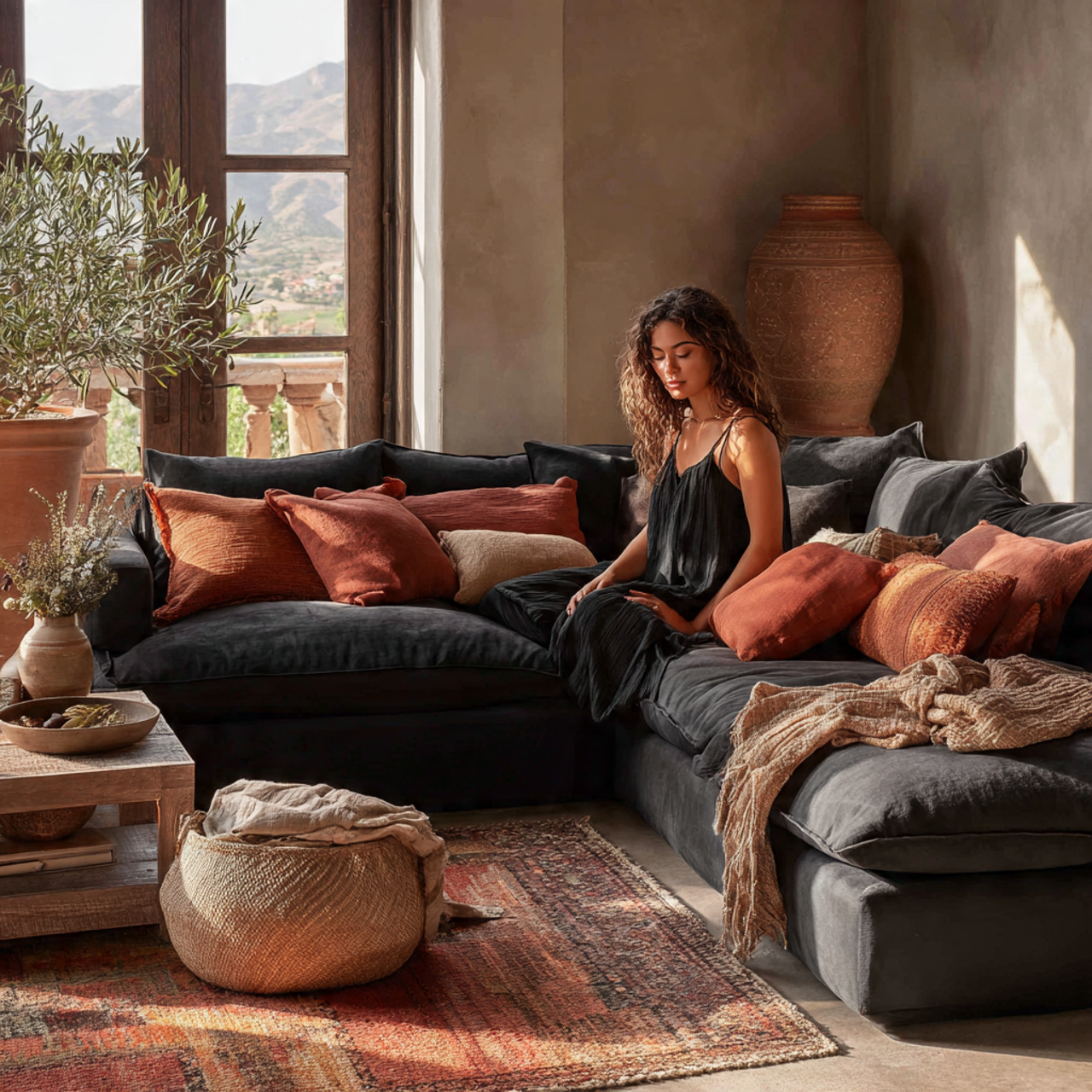 black couch with terracotta rust and burnt