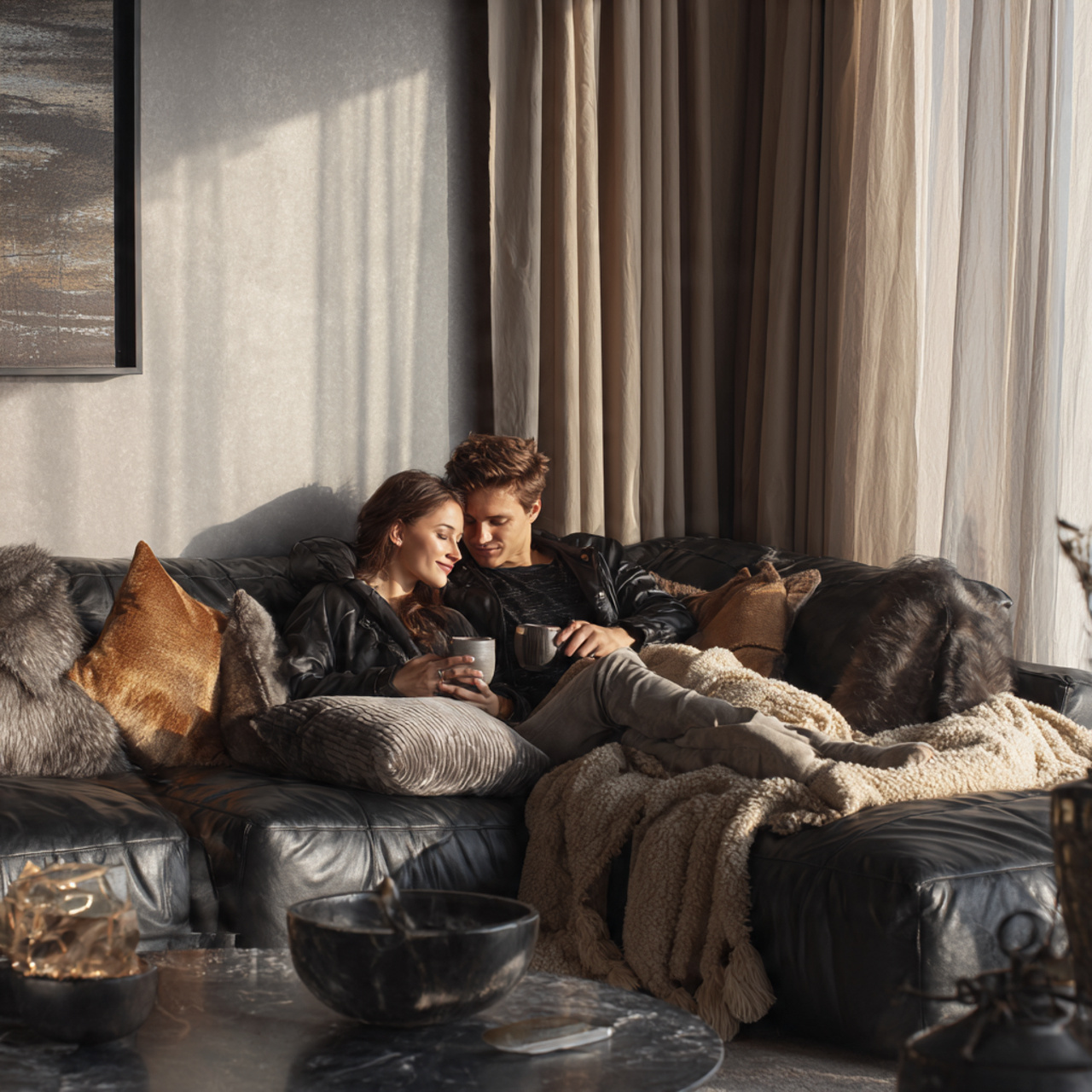 black leather couch styled with suede and