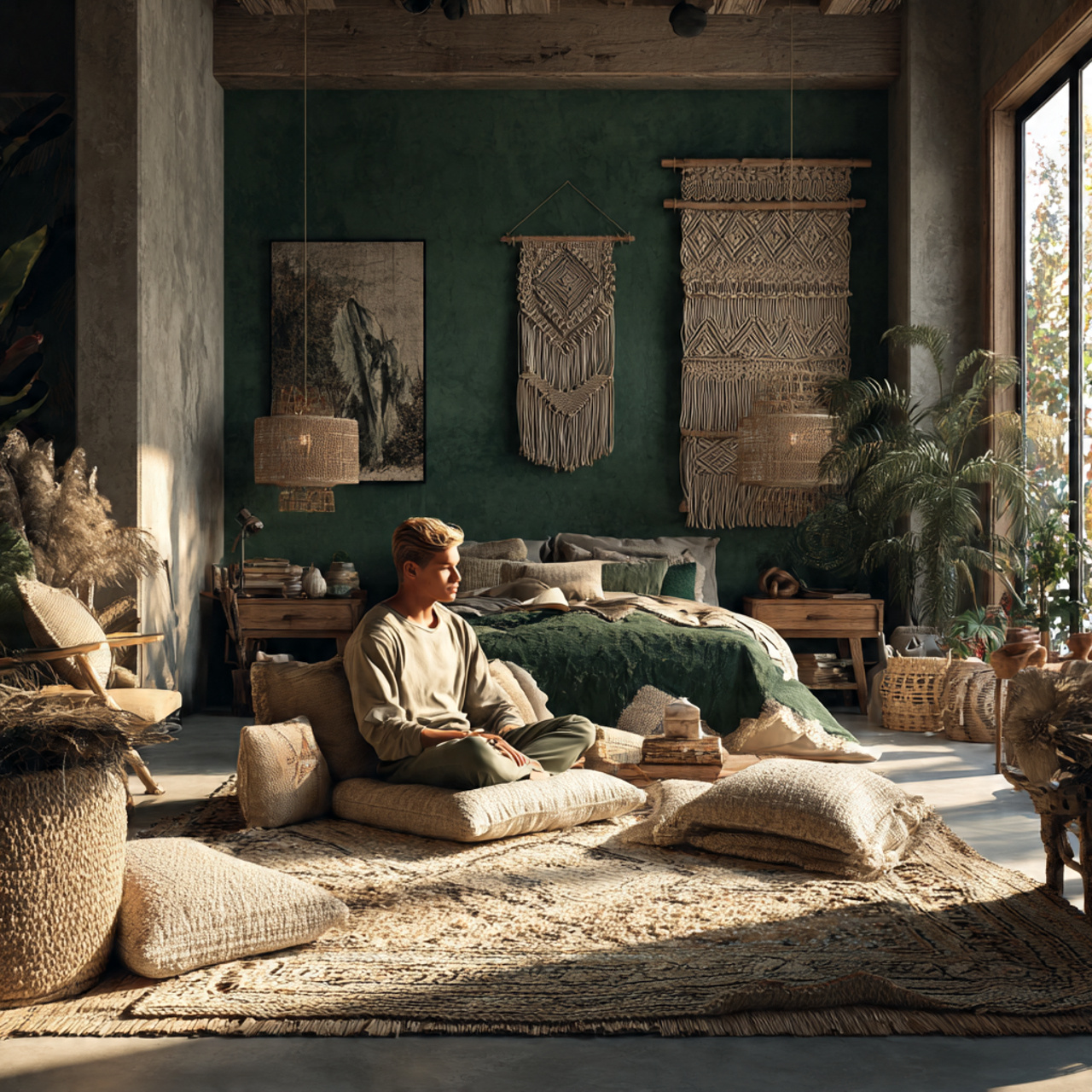 bohemian style bedroom with emerald green accents layered