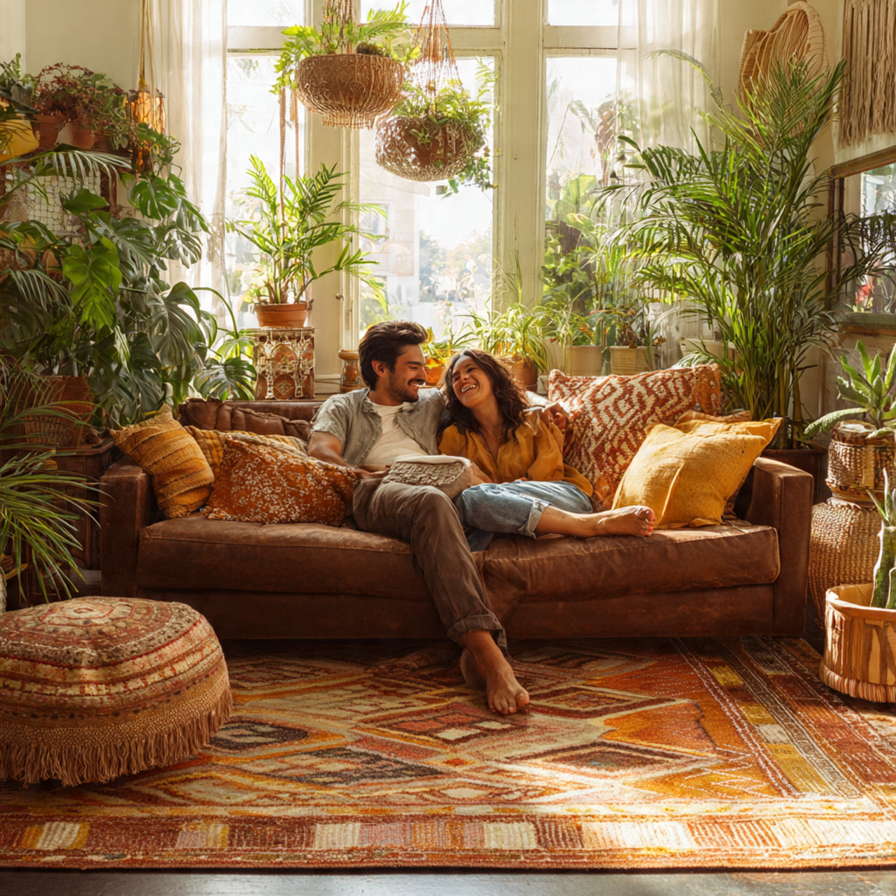 bohemian style living room with a brown couch