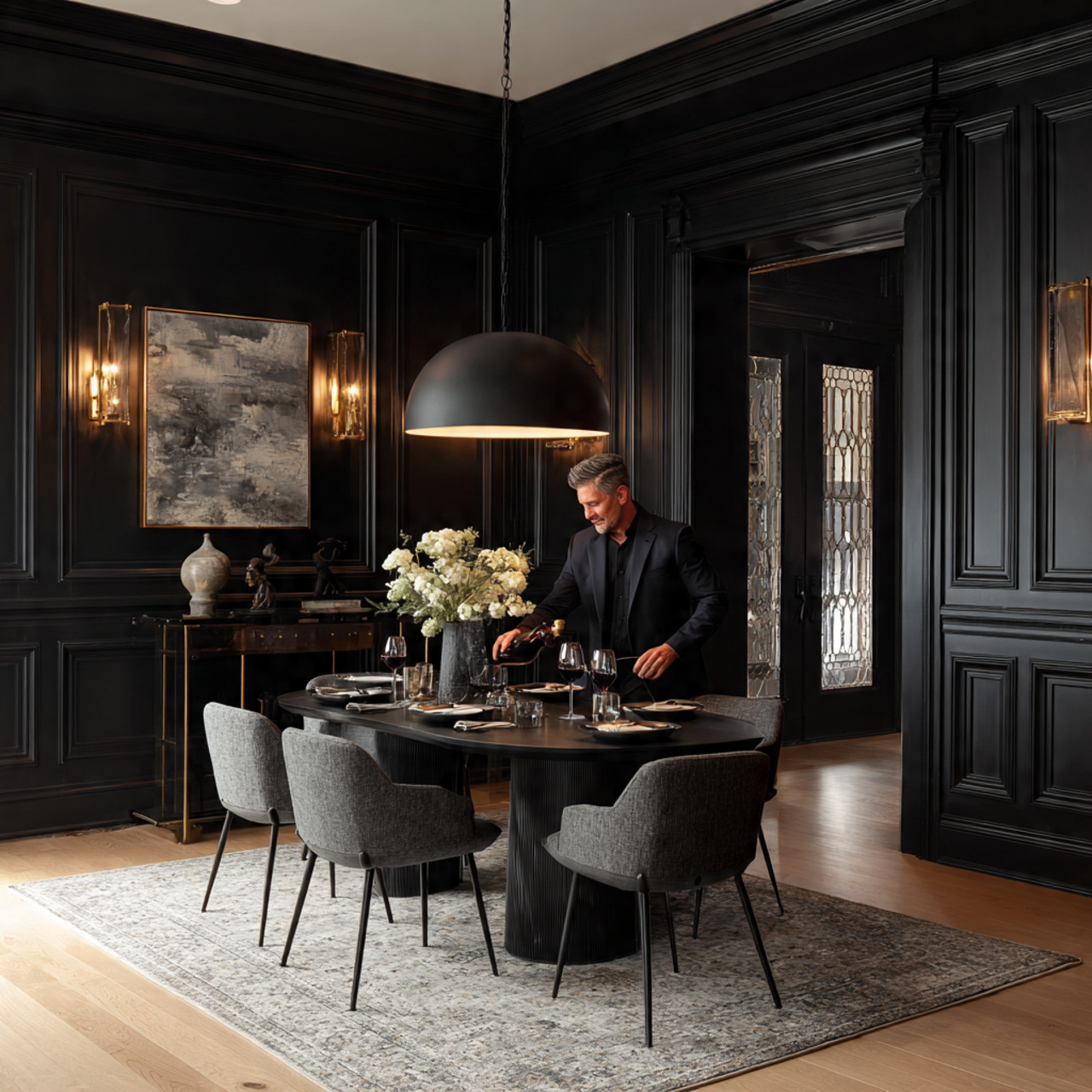 bold and sophisticated dining room featuring dramatic