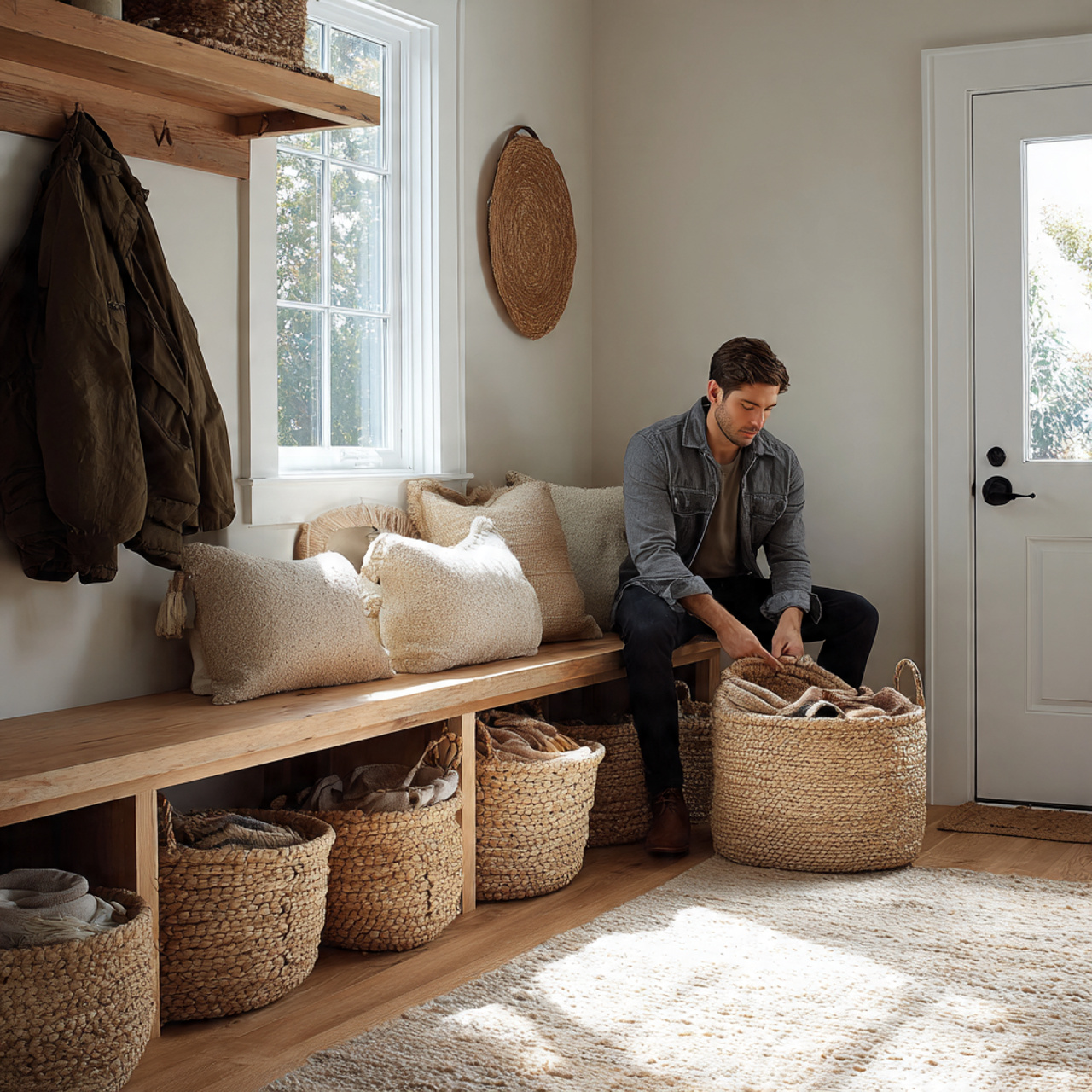 bright and airy mudroom featuring oversized woven