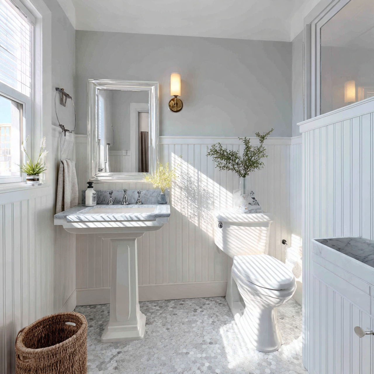 bright bathroom featuring vertical beadboard wainscoting painted