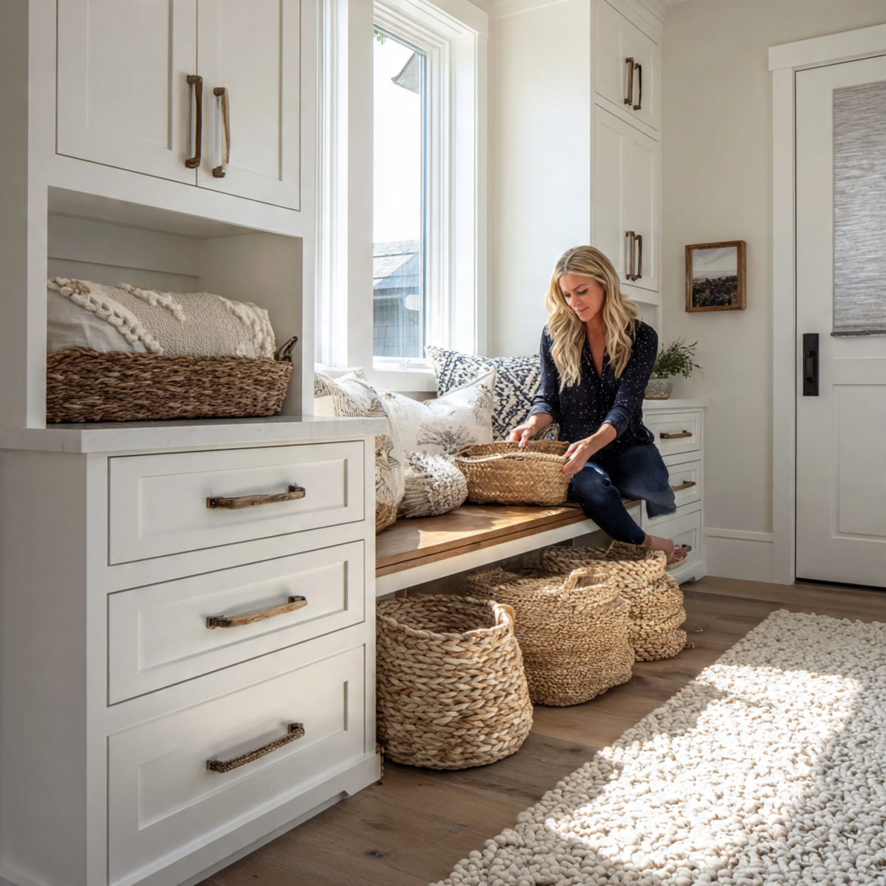bright coastal inspired mudroom with white cabinetry featuring