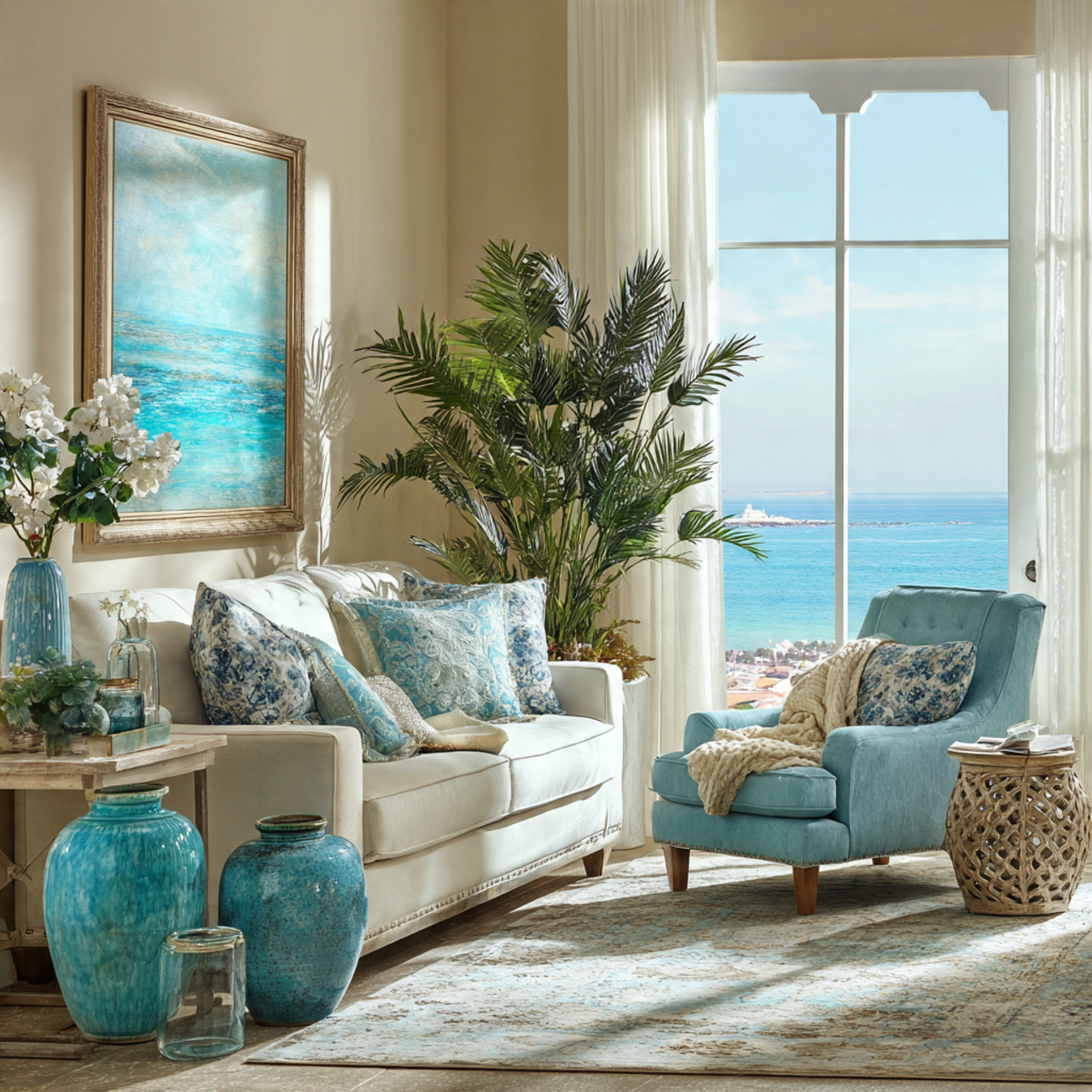 bright coastal living room with blue living
