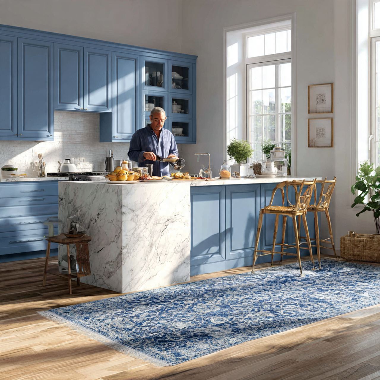 bright kitchen with a royal blue patterned 1