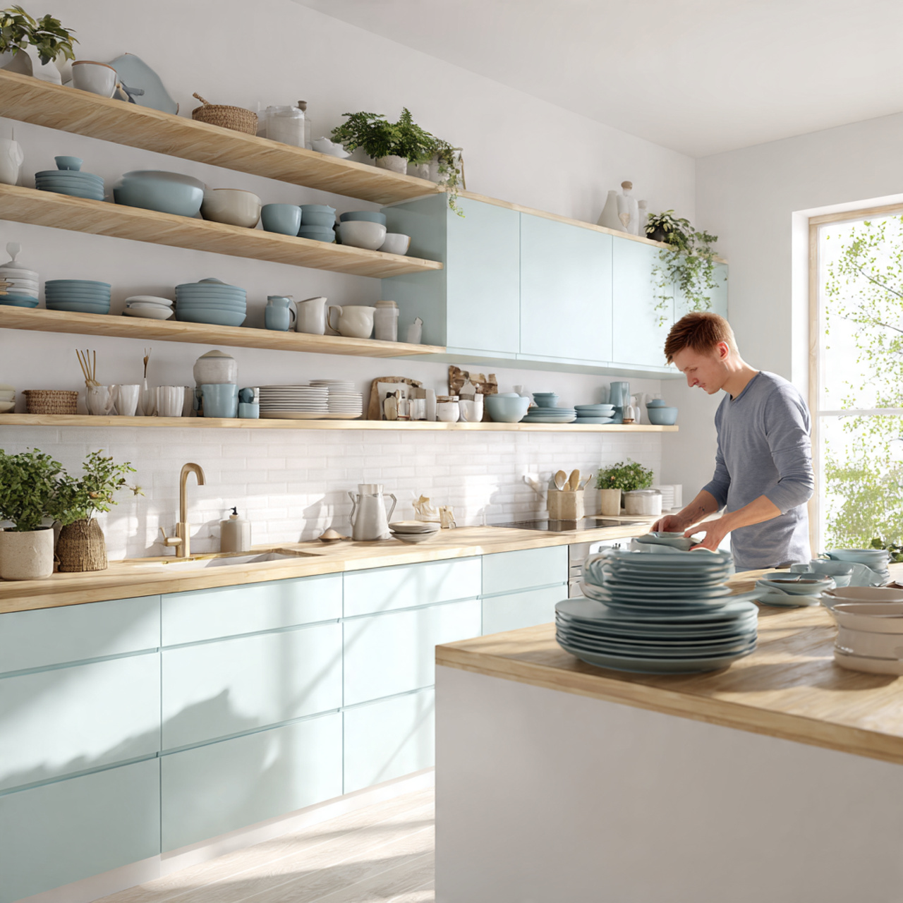 bright kitchen with pastel blue upper cabinets 1
