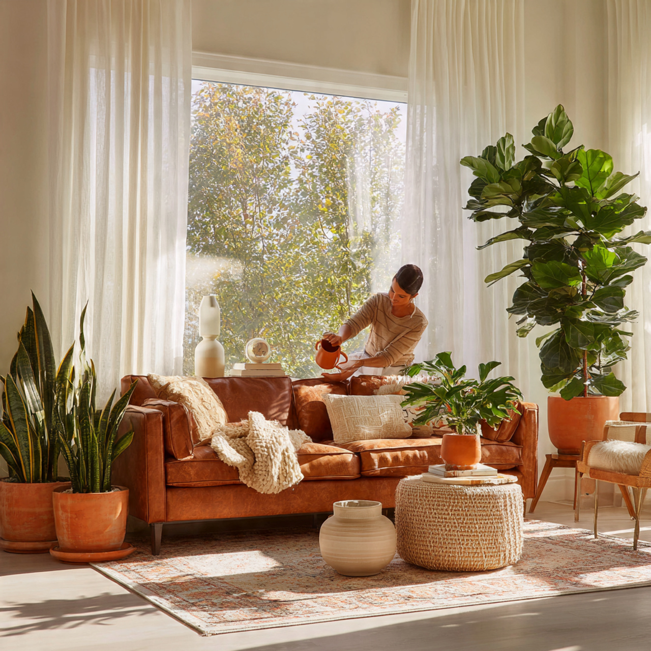 bright living room with a brown couch 1