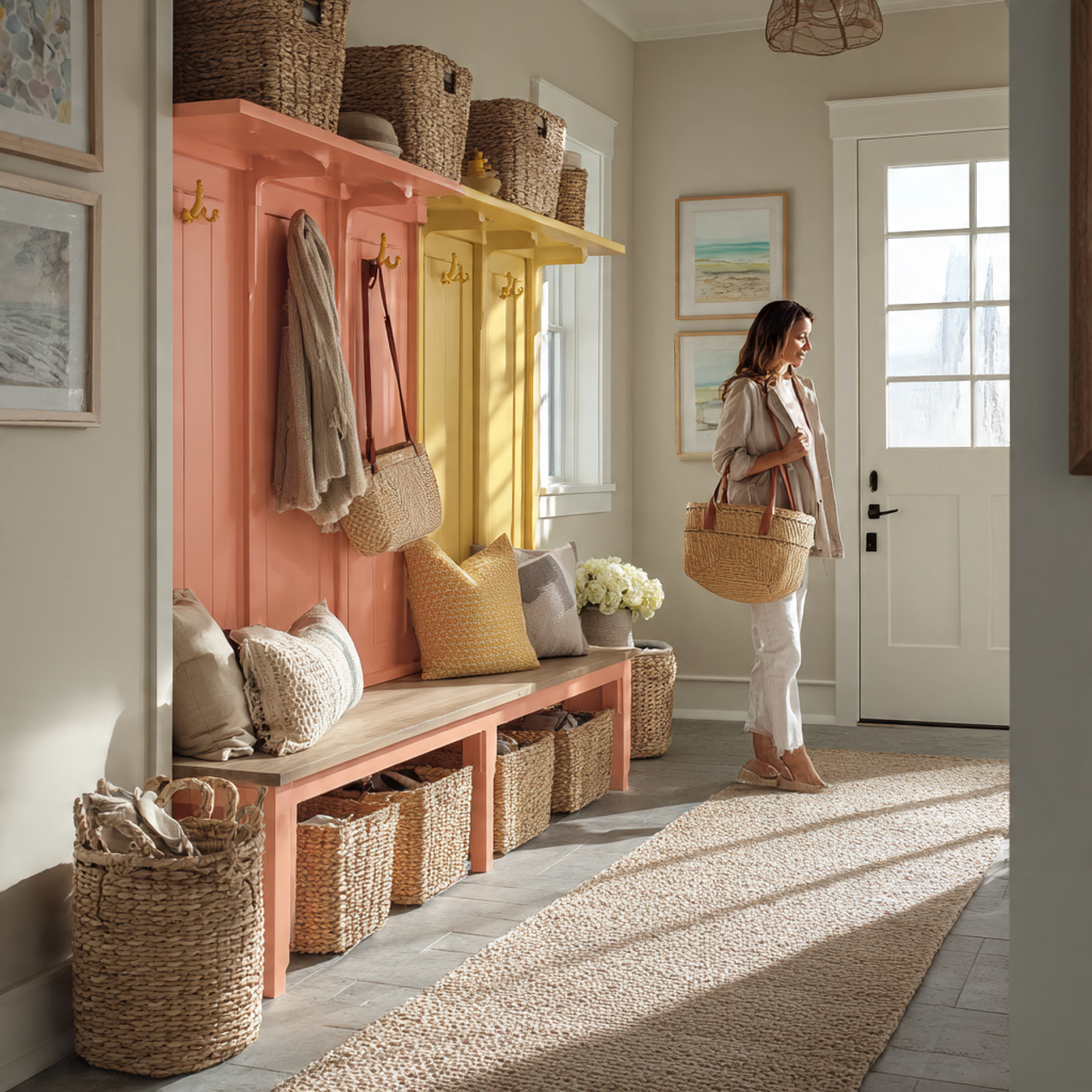bright mudroom with a row of evenly