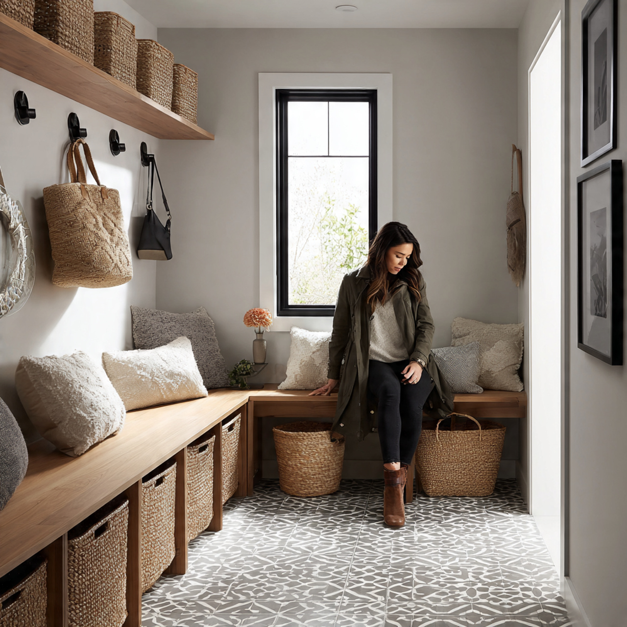 bright mudroom with geometric patterned cement tiles