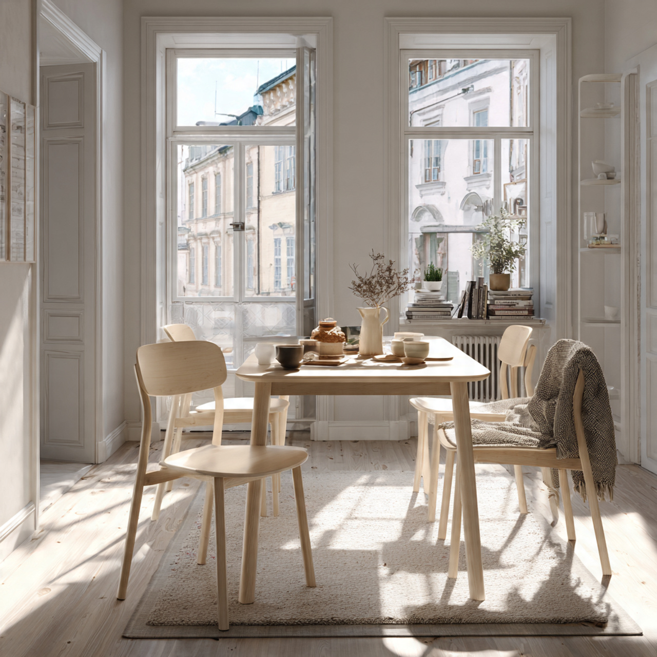 bright scandinavian style dining area with a light
