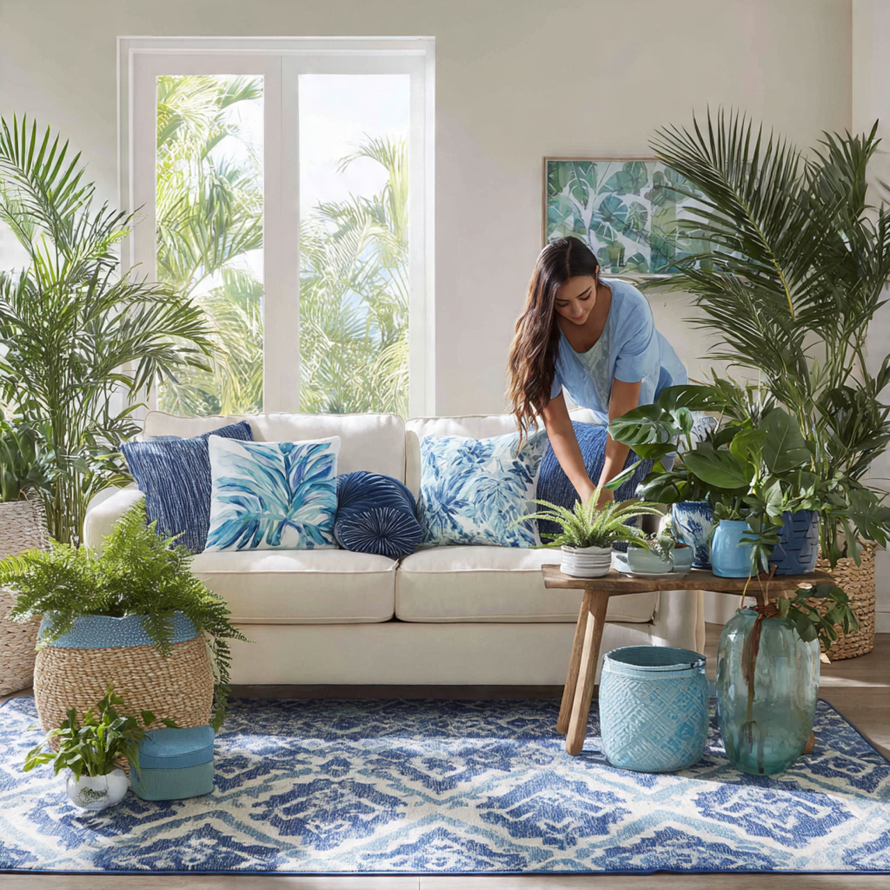 bright tropical inspired living room with blue living