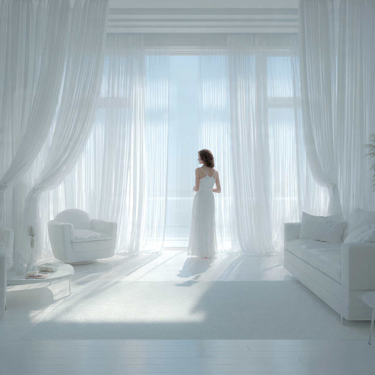 bright white living room with floor to ceiling sheer