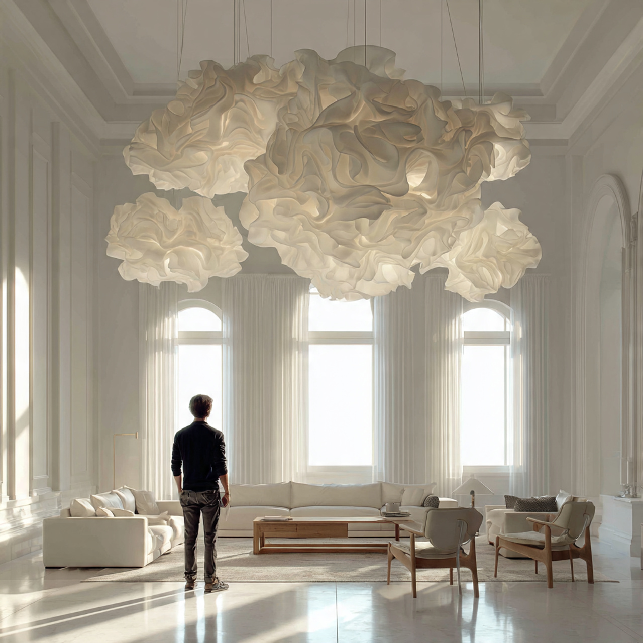 bright white living room with oversized sculptural