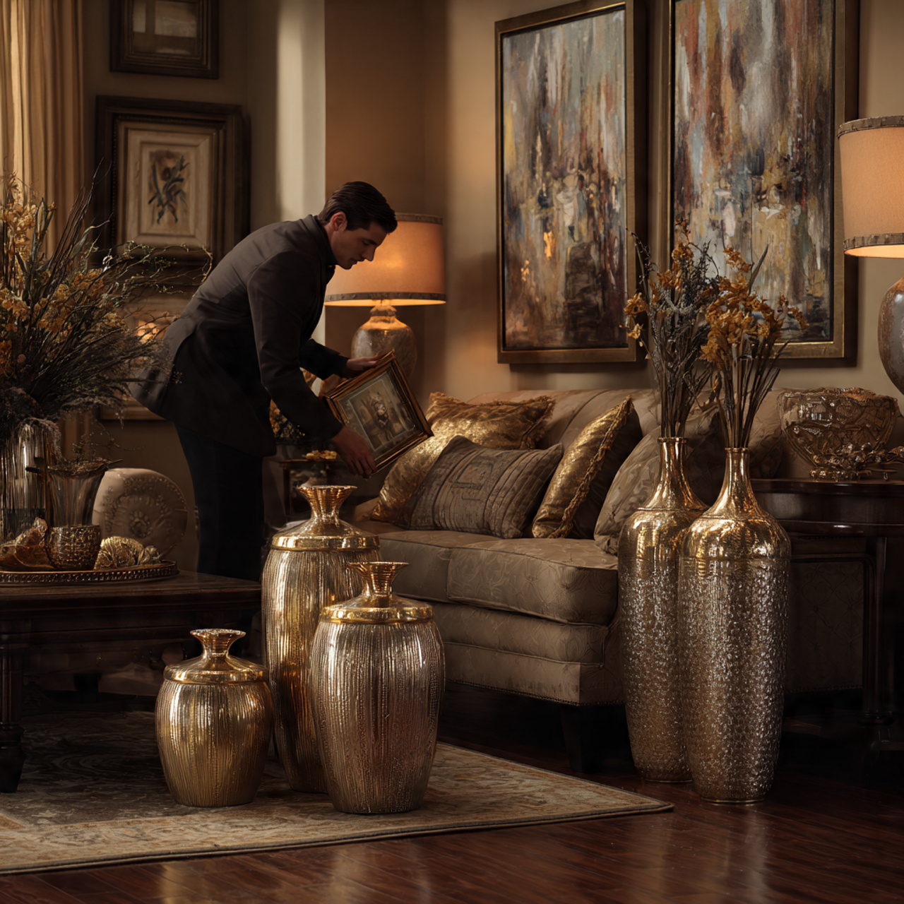 brown couch living room with subtle metallic 1