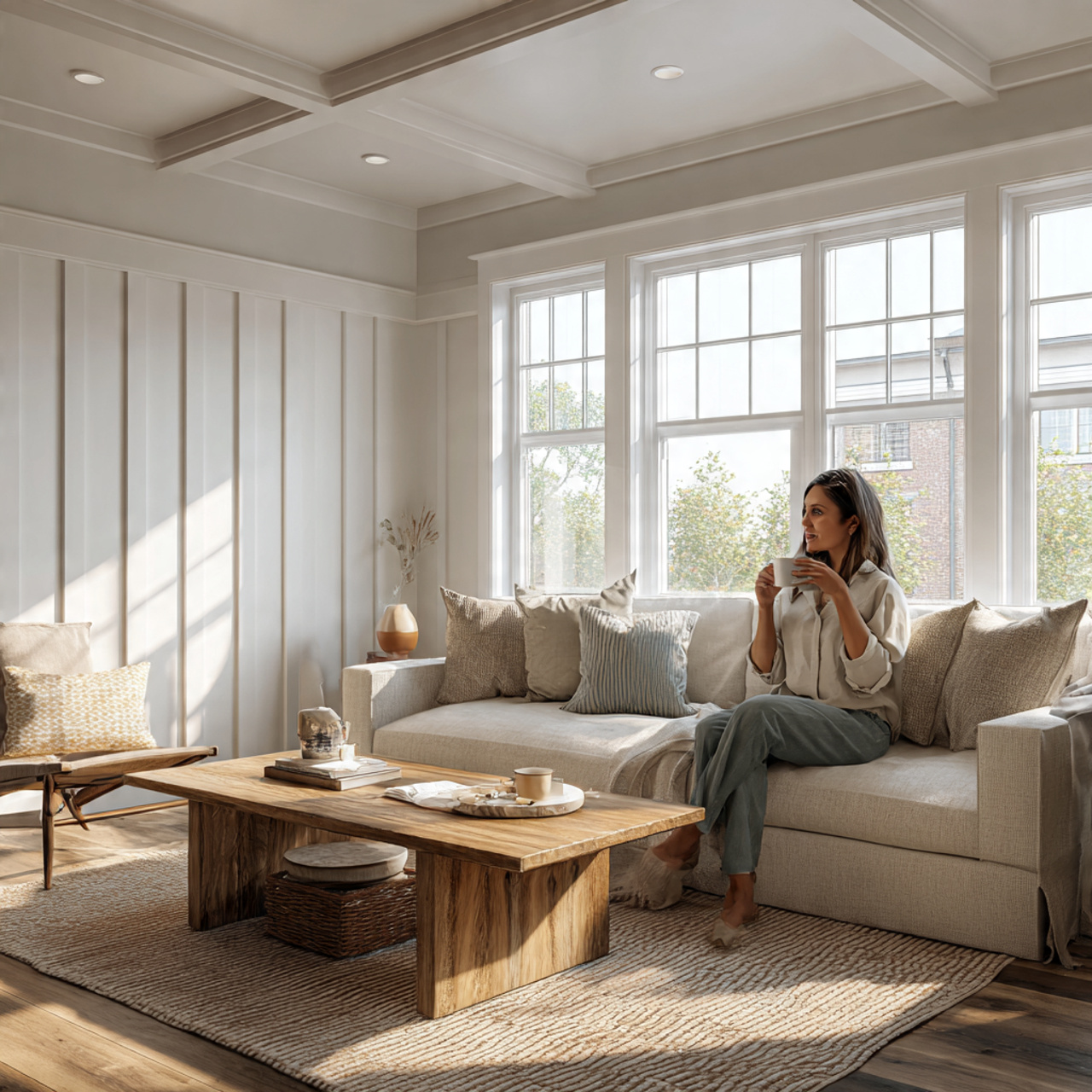 casual modern farmhouse living room with tall