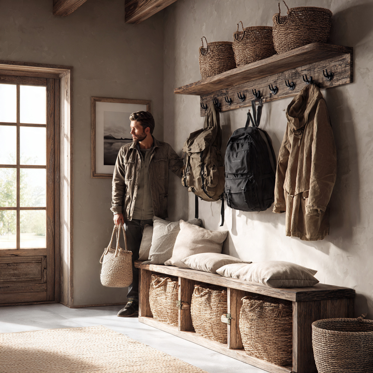 charming mudroom with repurposed antique hooks on