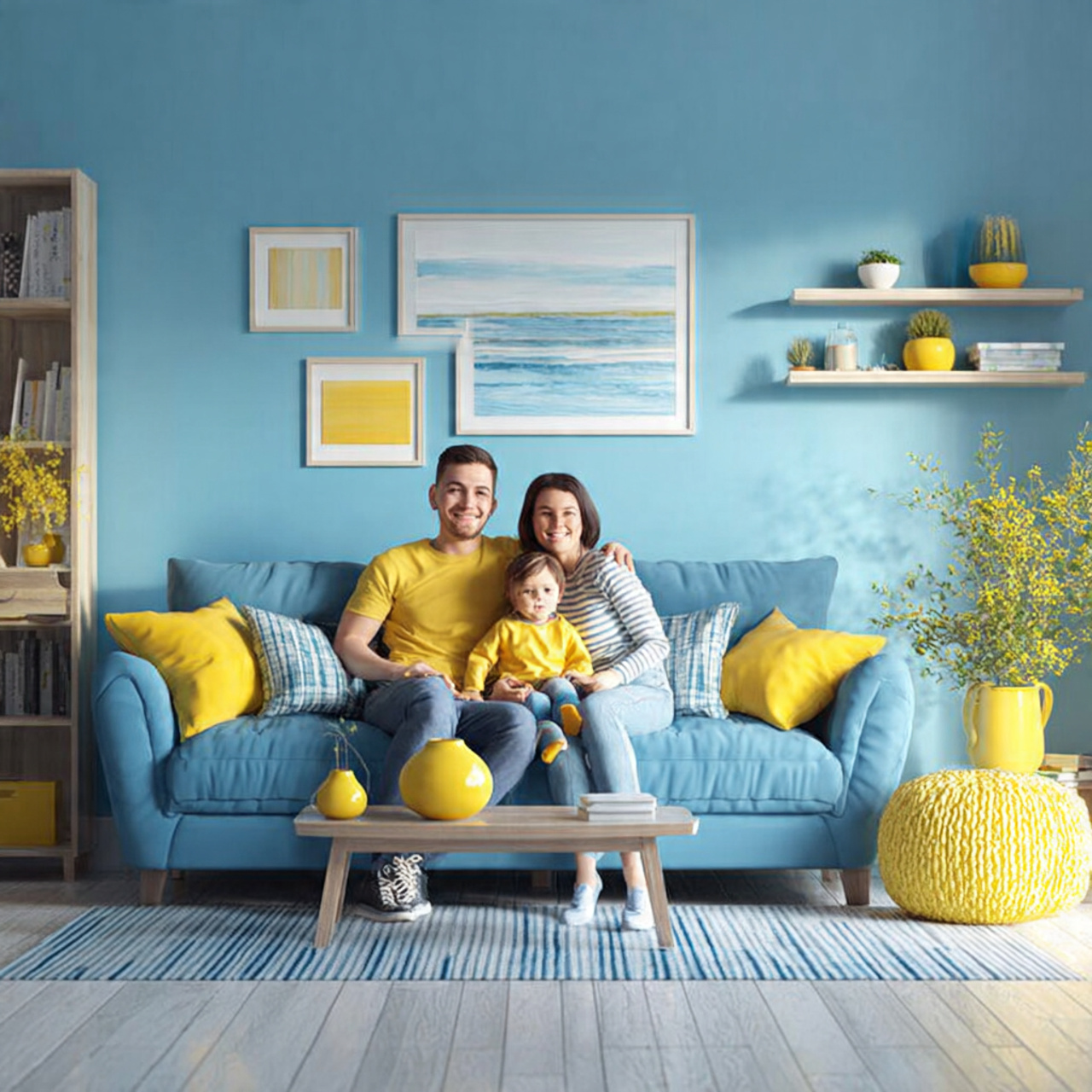 cheerful and bright living room featuring blue