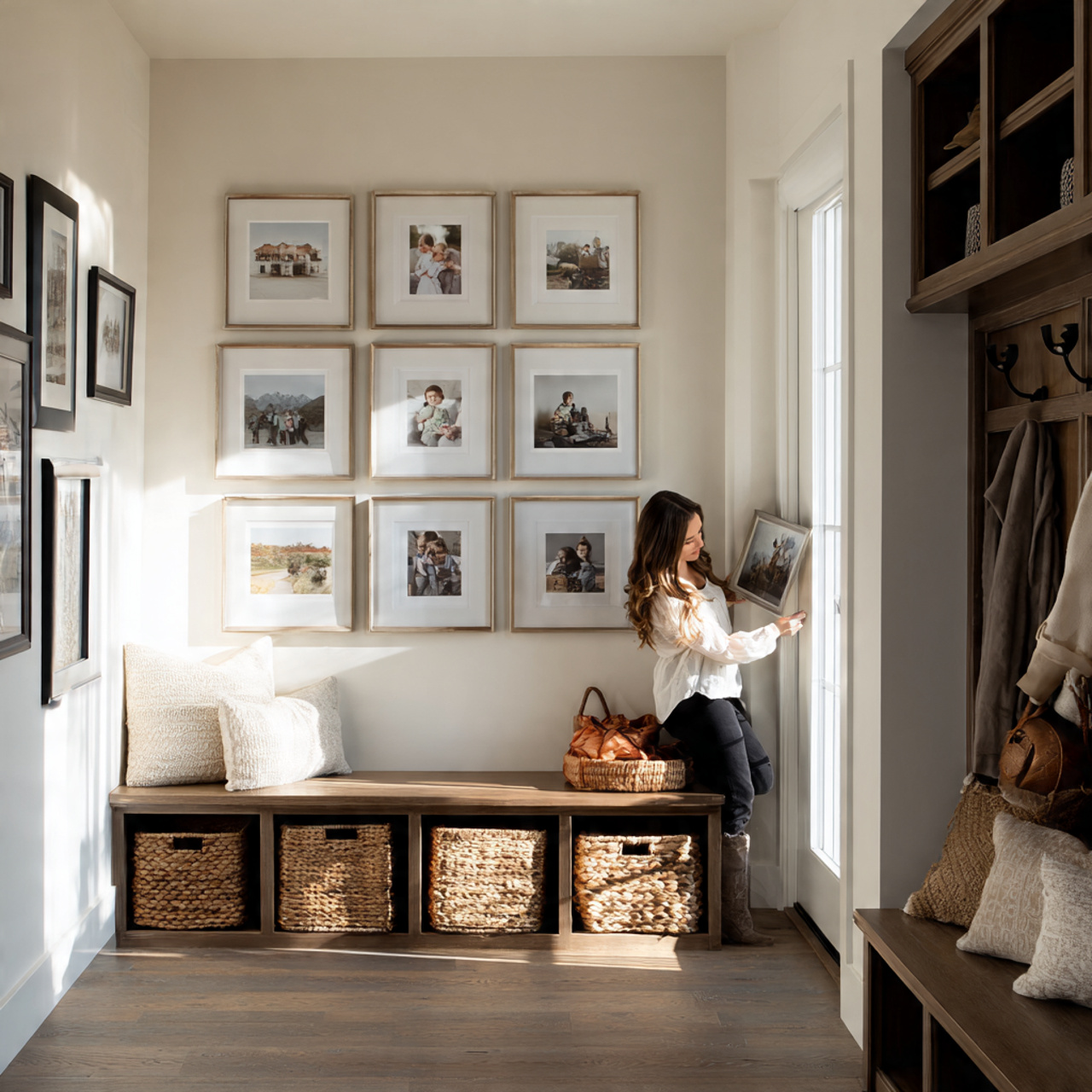 chic mudroom with a gallery wall of