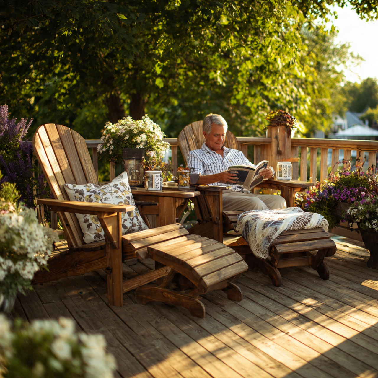 classic adirondack chairs on a wooden deck