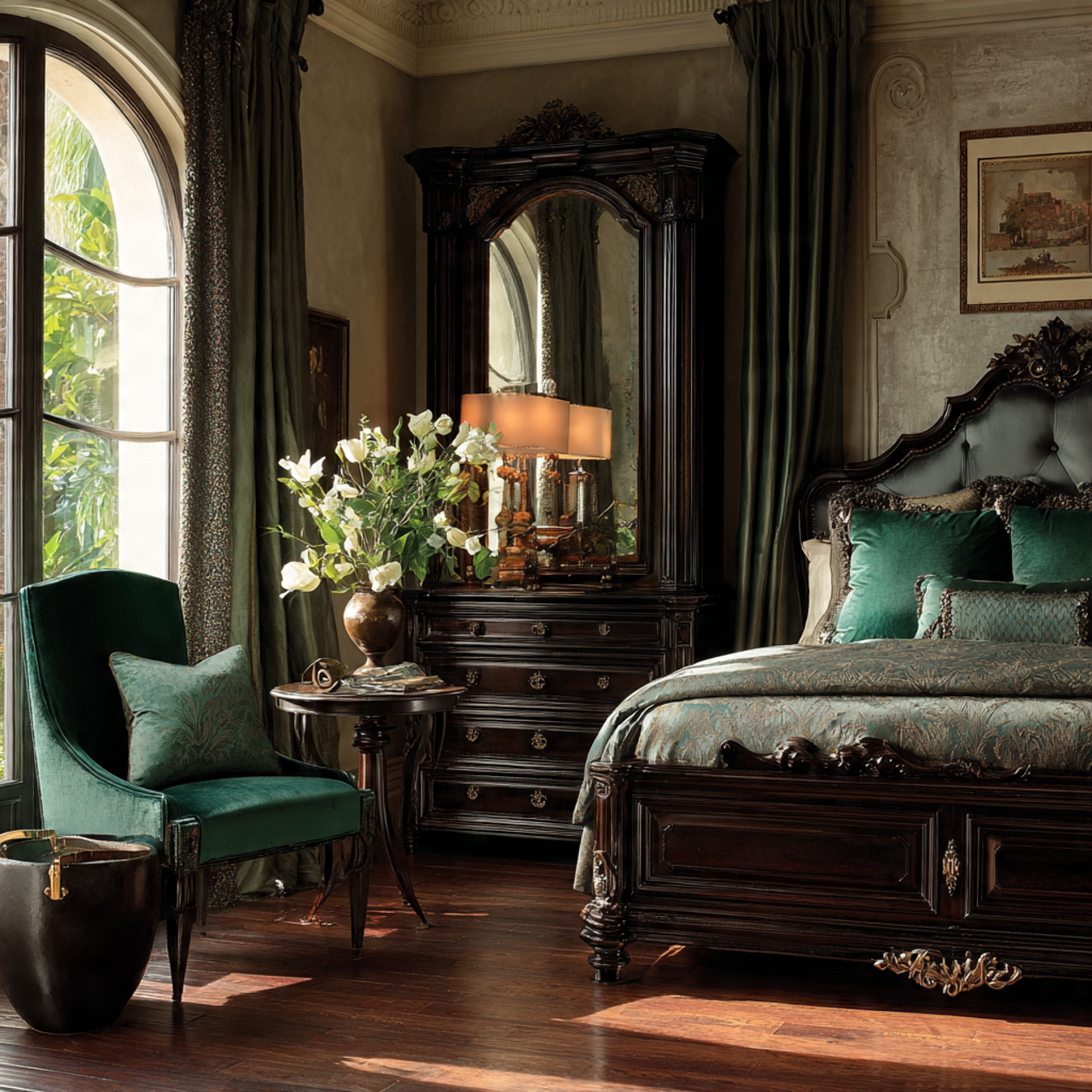 classic bedroom with dark walnut furniture and