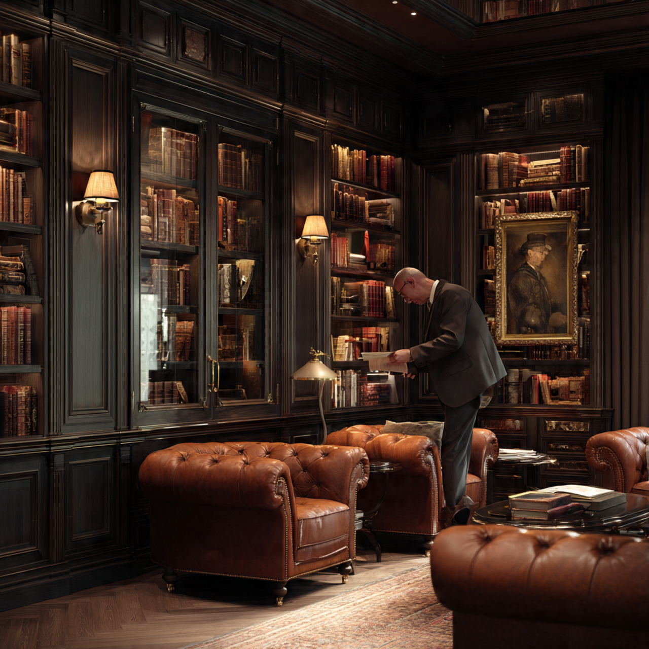 classic home library with floor to ceiling wainscoting in