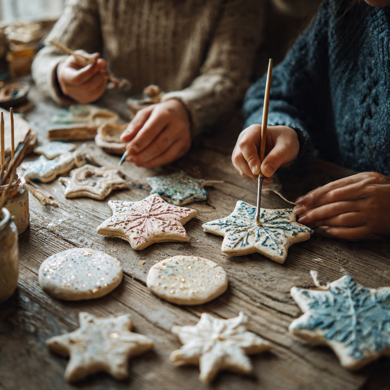 close up of hands decorating handmade salt dough