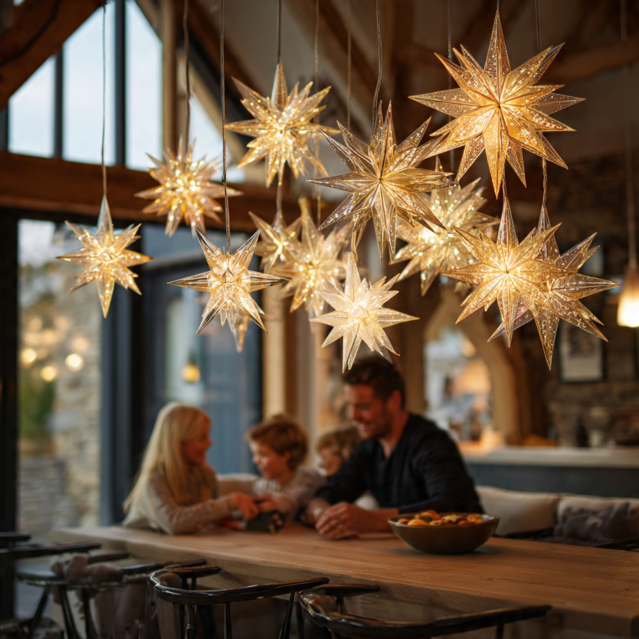cluster of illuminated star ornaments hanging from