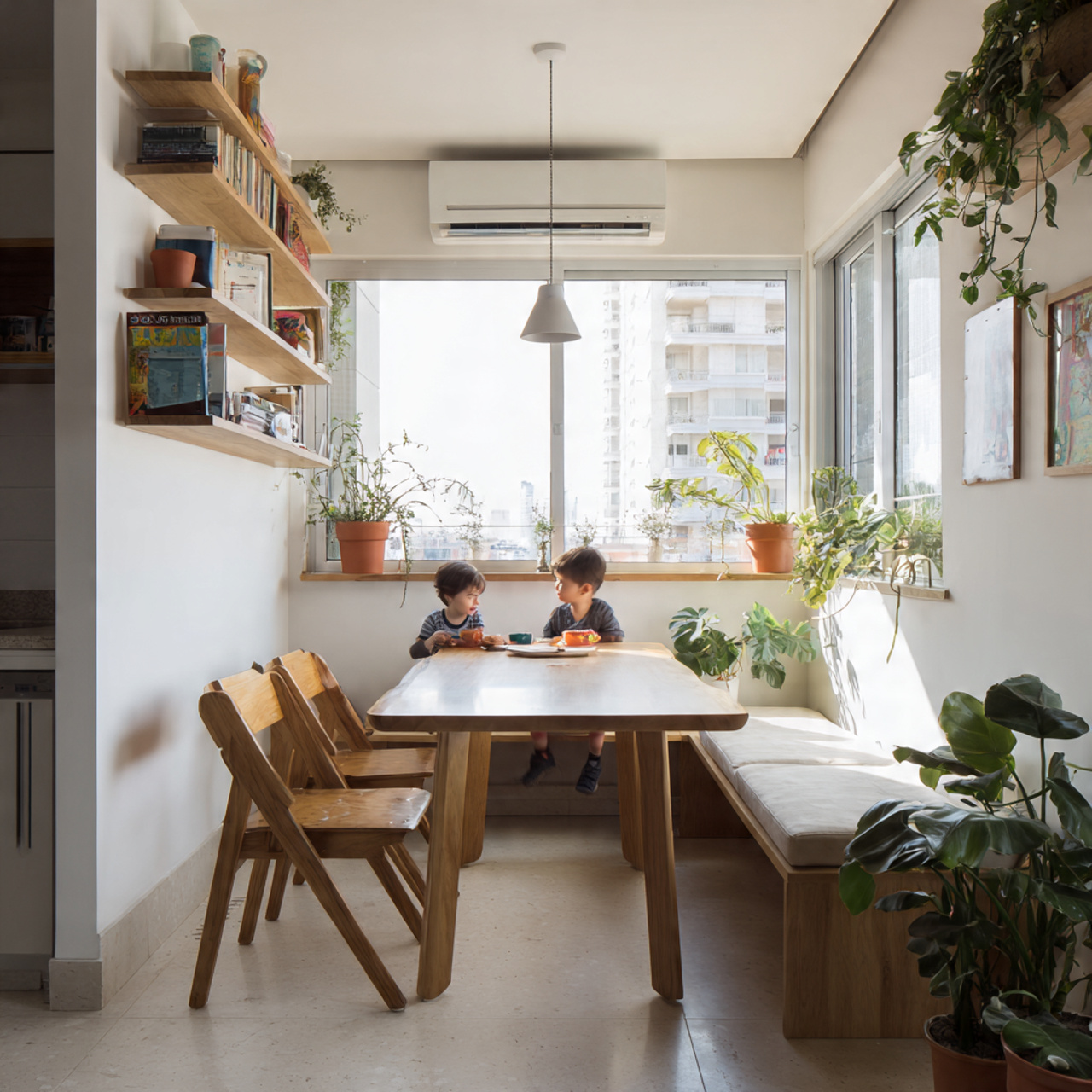 compact apartment dining area with a drop leaf