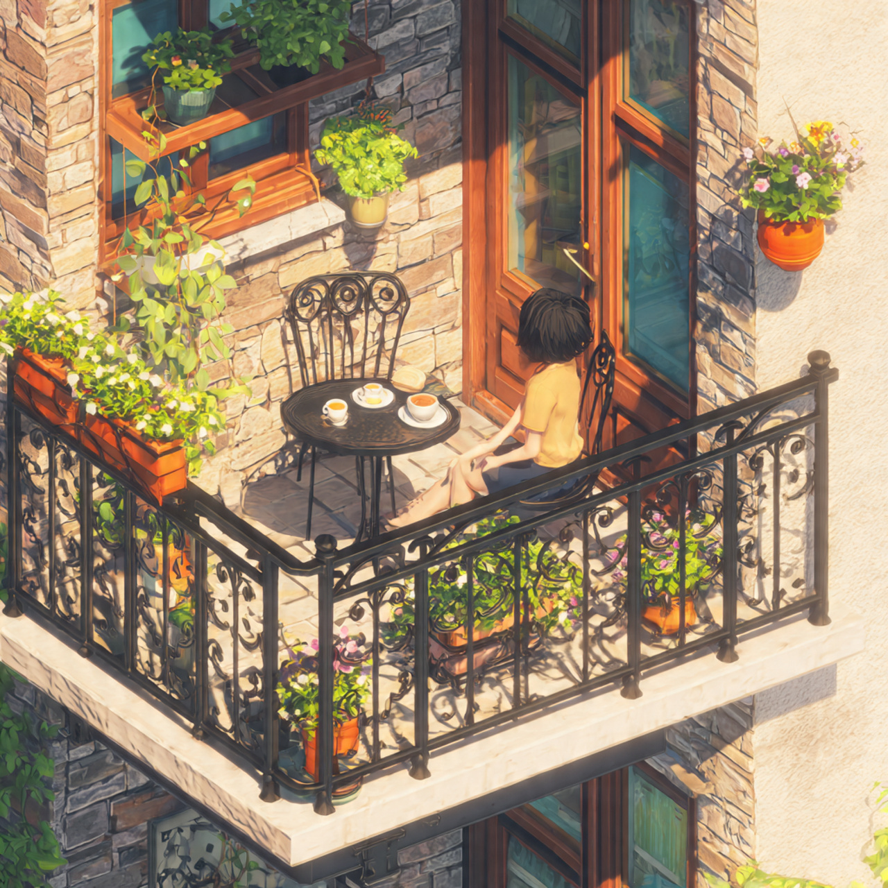 compact balcony with a wrought iron bistro set