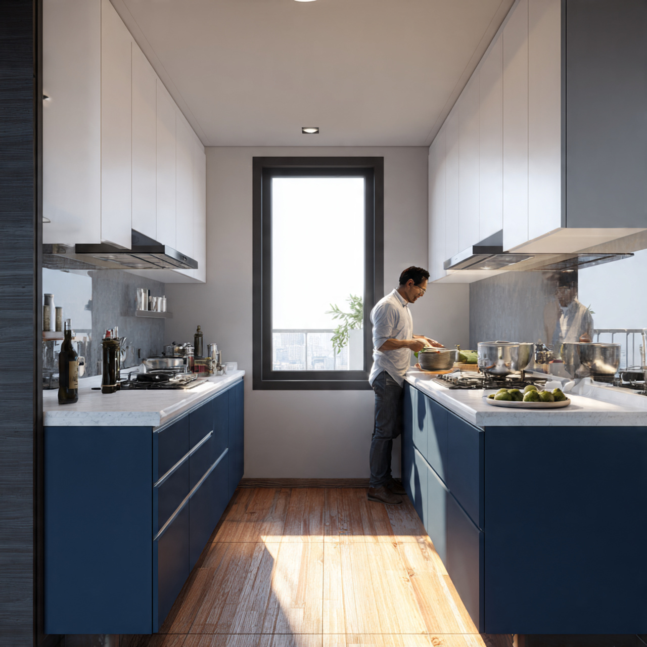compact kitchen with navy blue lower cabinets 1