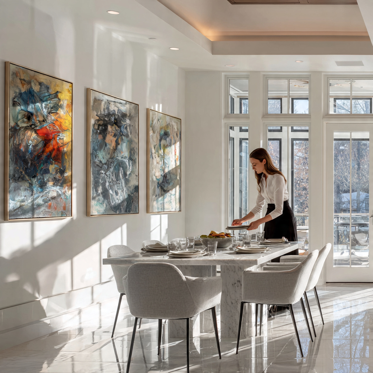 contemporary dining room featuring high gloss white wainscoting