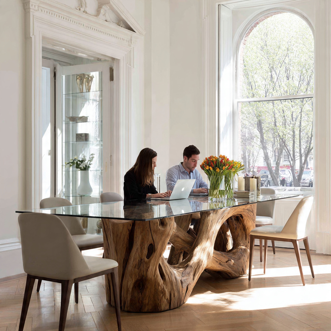 contemporary dining room with a clear glass