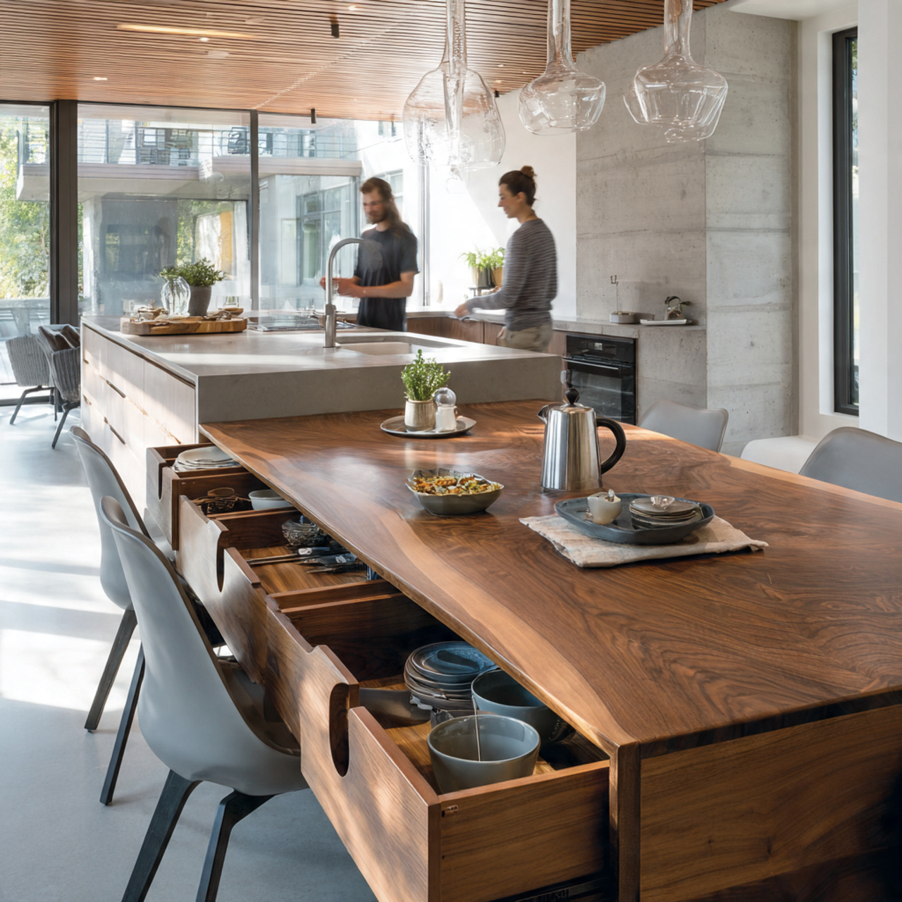 contemporary dining room with a wooden table