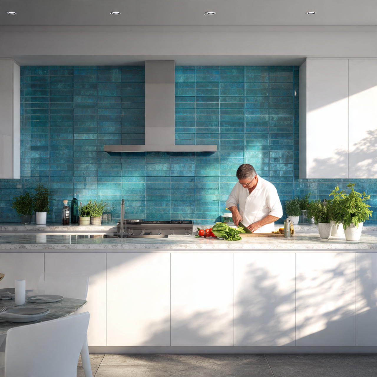contemporary kitchen with a vibrant teal blue 1