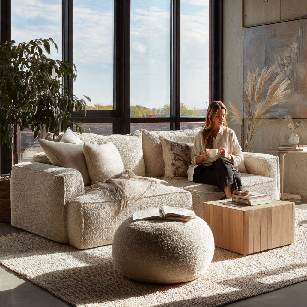 contemporary living room featuring a neutral sofa