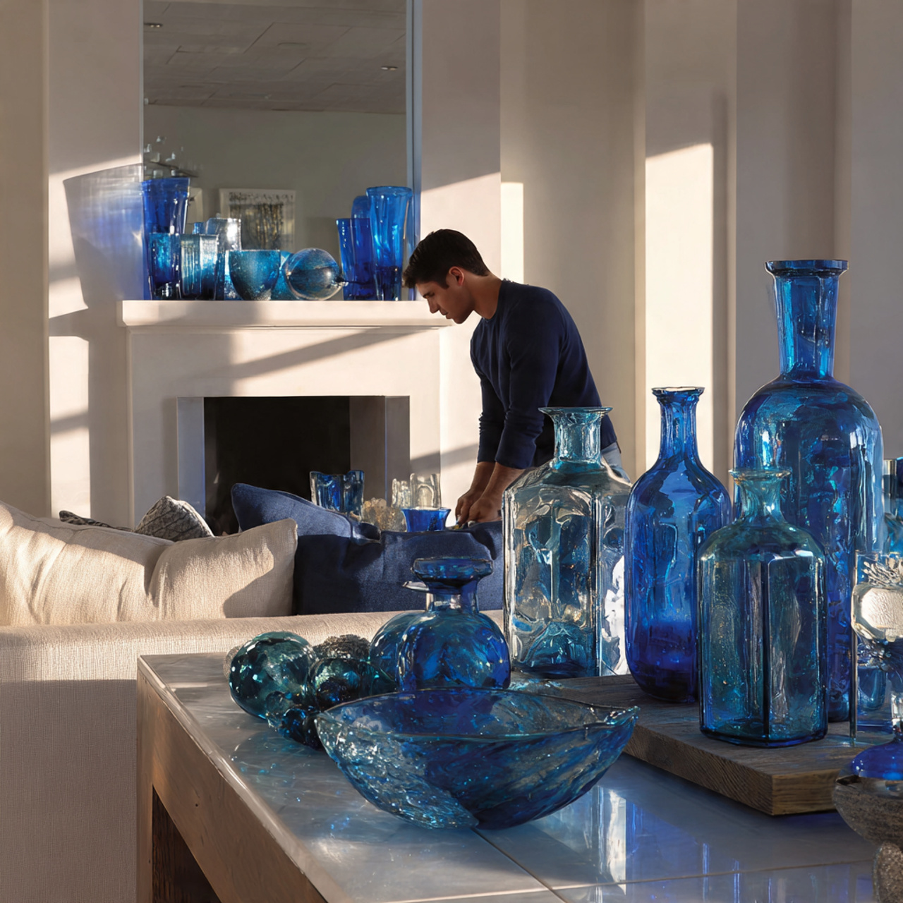contemporary living room showcasing blue living room