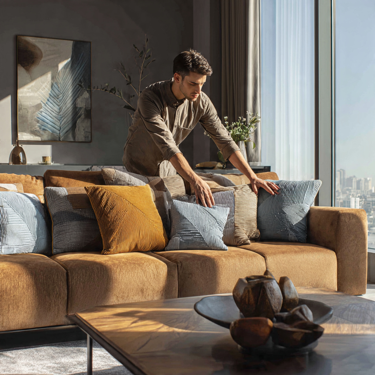contemporary living room with a brown couch 1