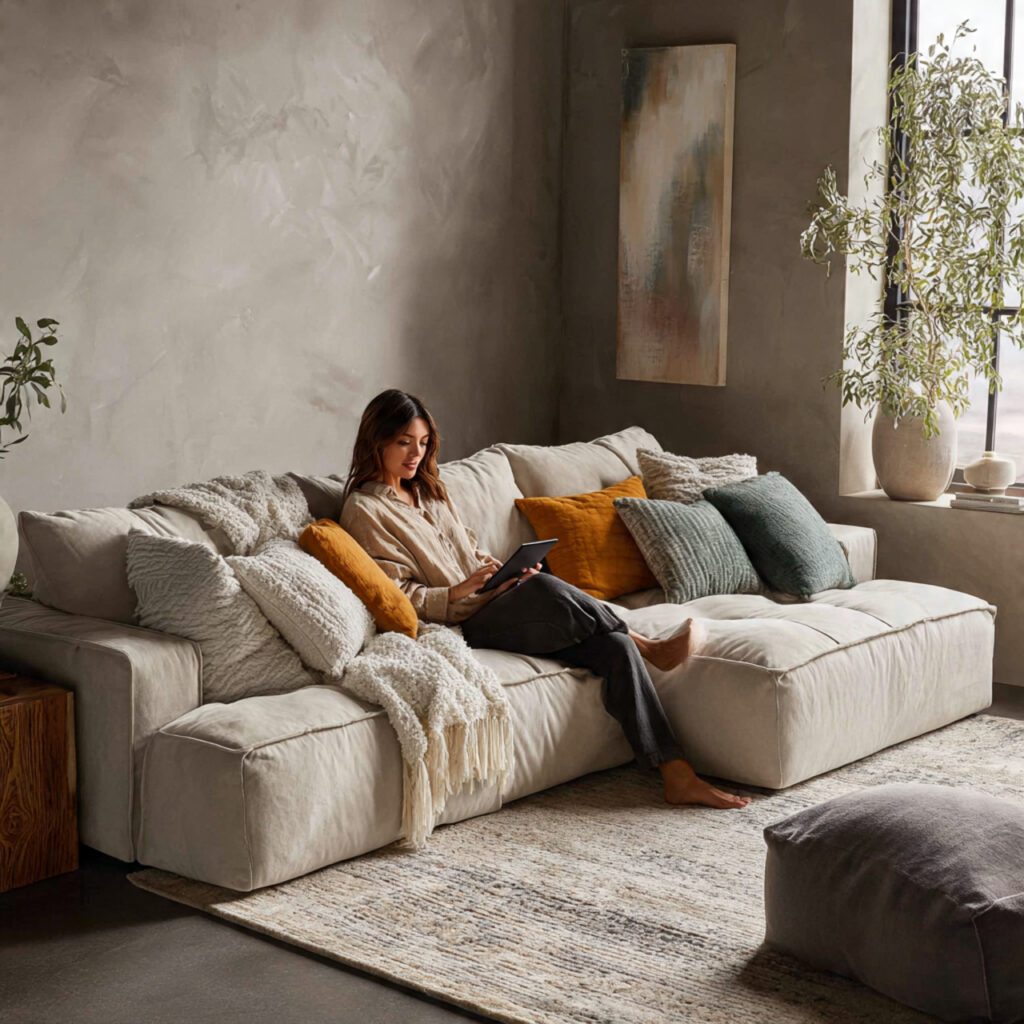 contemporary living room with a plush sofa