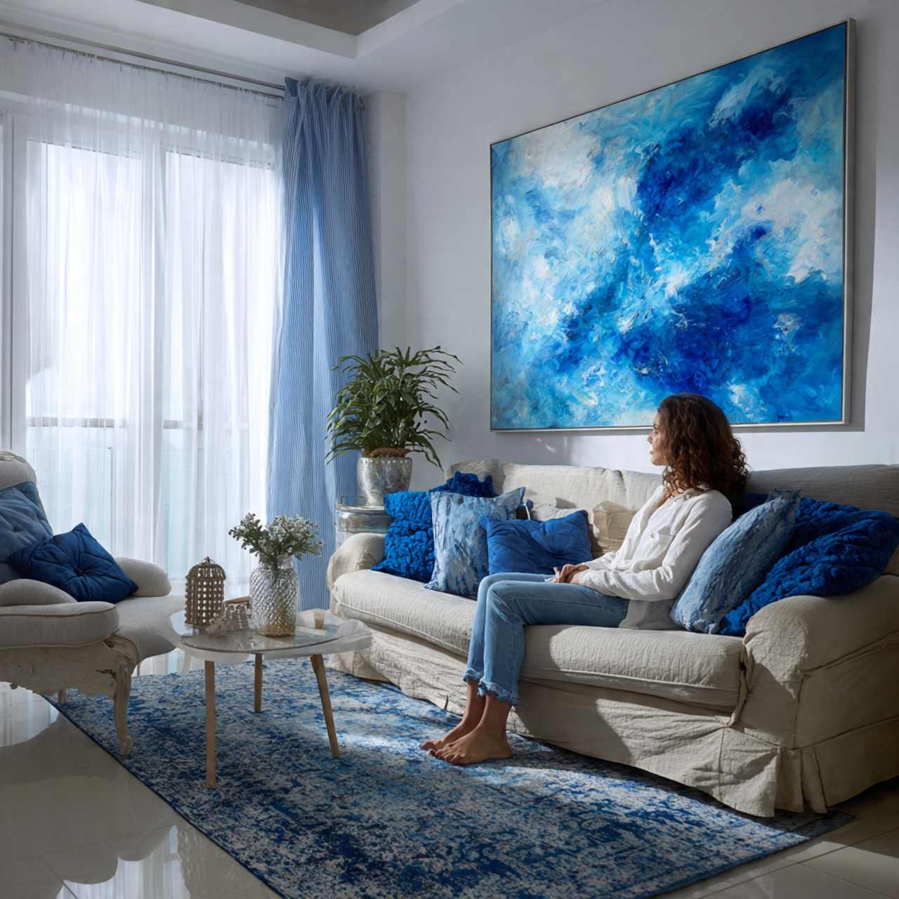 contemporary living room with blue living room