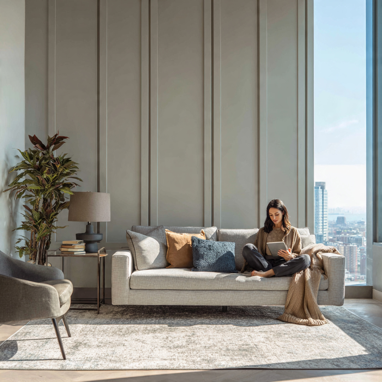 contemporary loft style living room featuring ultra modern thin